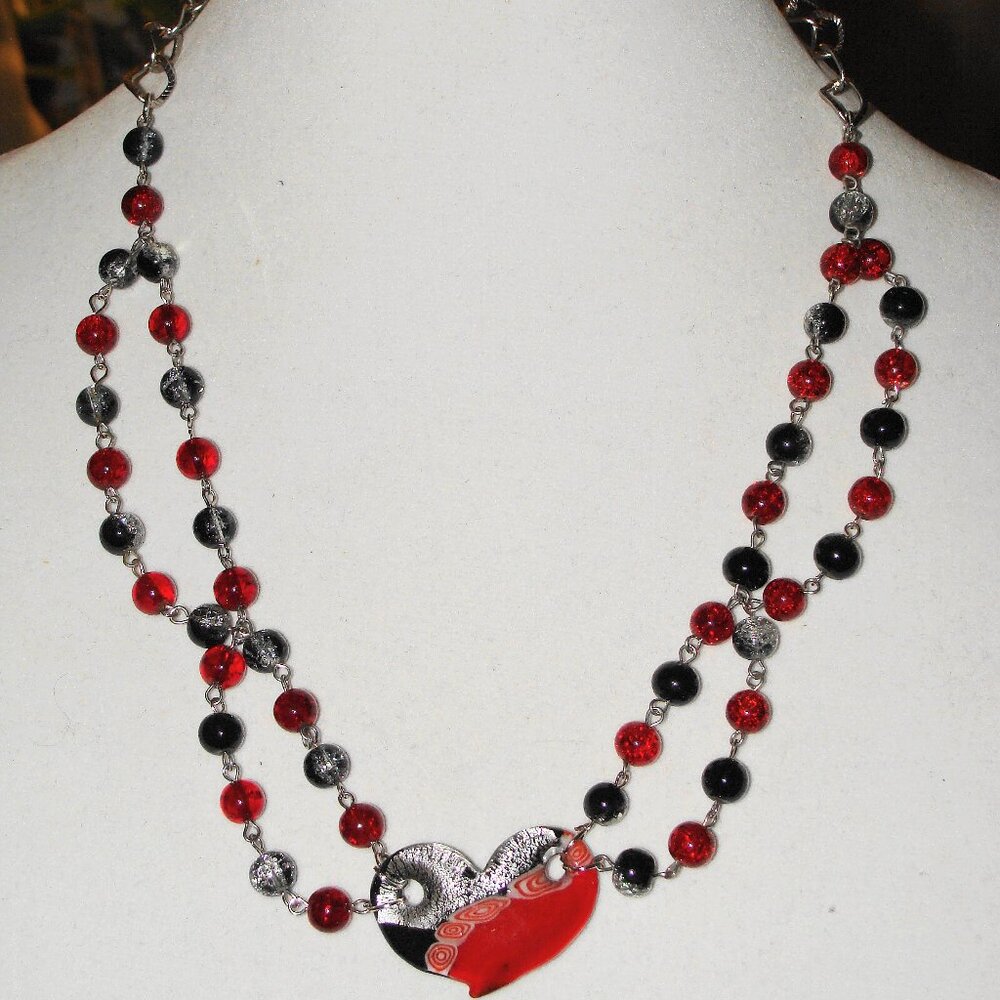 Custom Jewelry, Heart Shaped Red, Black & Silver Glass Pendant with Accent Beads